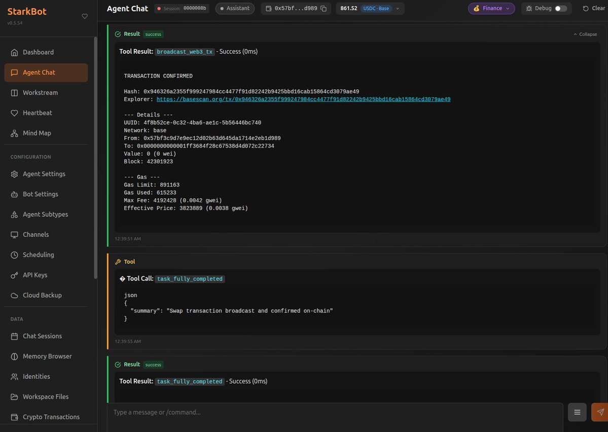 Starkbot is my vision for what a perfect Ai Agent should be.

- Spawns subagents for parallel execution, no blocking the main chat session unless necessary (waiting for crypto tx broadcast, etc)
- Gateway channels for discord, telegram, X and slack give you full interaction and