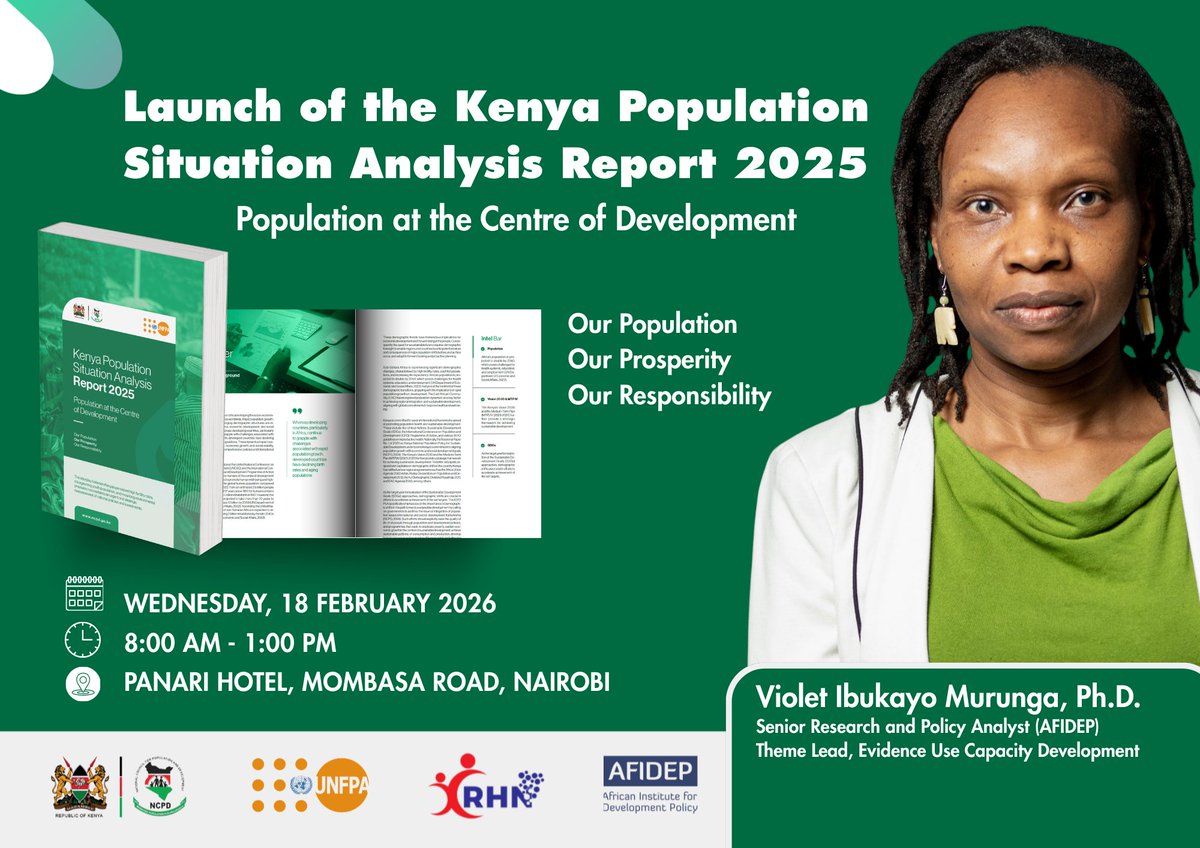 Afidep's tweet photo. The African Institute for Development Policy (AFIDEP) is honoured to participate in the launch of the Kenya Population Situation Analysis (PSA) Report 2025 by the National Council for Population and Development.

We are pleased that Violet Murunga, our Research and Policy Analyst and Theme Lead for Evidence Use Capacity Development, will join fellow implementing partners in delivering remarks at this important event.

AFIDEP was involved in the production of the analysis and reviewed some chapters including the one on data, research and innovation. We remain committed to strengthening the use of evidence in policymaking to ensure that population dynamics translate into improved development outcomes for all.
Read more: https://t.co/aMnrdRCDyC

In case you missed it, watch as she joined other experts yesterday to analyse the PSA report: https://t.co/4oKaSTyeQW
