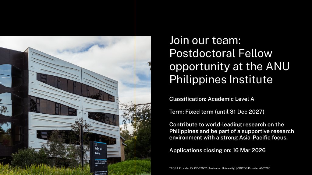 ANUPhilippines's tweet photo. 👉New Job Opportunity

We are excited to announce that we are hiring for the position of Postdoctoral Fellow to join the ANU Philippines Institute at @ourANU 

Interested? Learn more and apply here: https://t.co/ATQsW8v8wq https://t.co/OUKaBXUpJy