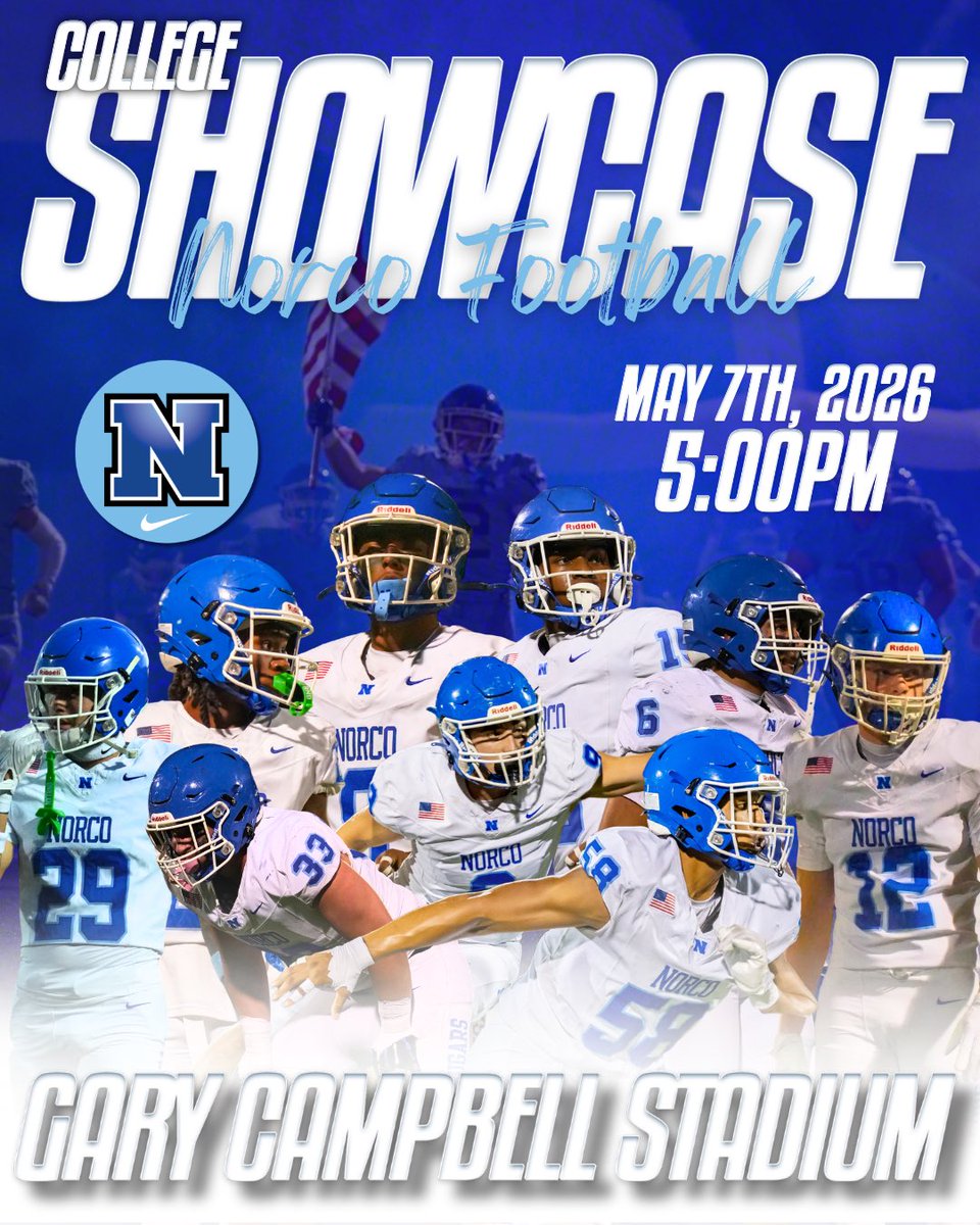 Opportunity favors the prepared.

Norco College Showcase
📍 Gary Campbell Stadium
📅 May 7
⏰ 5:00 PM

Part of the Big West Showcase Series. College coaches on campus evaluating live.

NorcoRecruiting.com
#WeAreNorco #BigWestFootball
