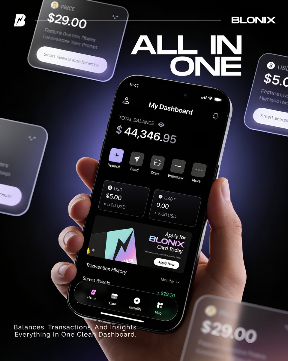 Your entire financial world. 📱

Simplified. Smart. Seamless. ✨

With Blonix, manage crypto, payments, and spending in one powerful ecosystem. 📊

Track, transact, and stay ahead all from your fingertips. 💳

#Fintech #CryptoWallet #DigitalFinance #Web3 #Payments