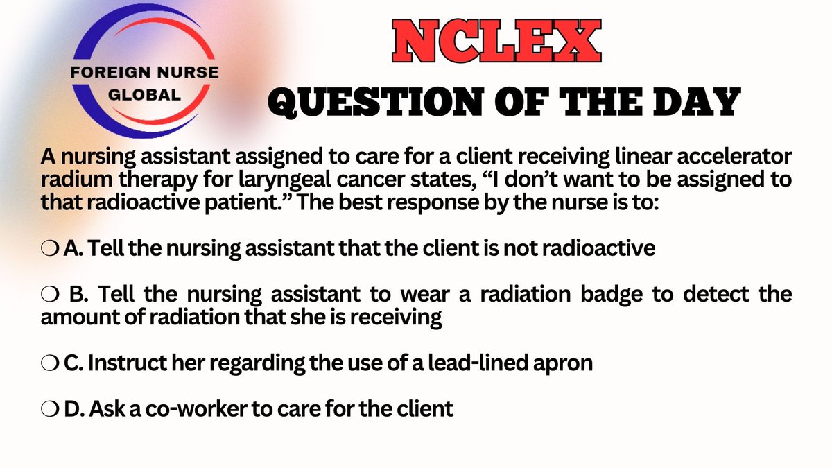 LET'S ATTEMPT NCLEX QUESTION TODAY....
SEND IN YOUR ANSWERS.....
THE CORRECT ANSWER WILL BE POSTED LATER.....
 #FNG #foreignnurseglobal #nclexreview #nclexstudying #nclexsurepass #nclexmadeeasy #nclexpass #NCLEX #NCLEX_RN #nclexprep #nclexquestions #nclexstudy #nclextips #USRN