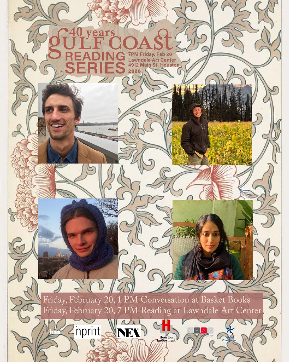 We're back at it!

The Gulf Coast Reading Series continues this Friday w/ featured reader Dylan Bassett, joined by UHCWP students Malcolm Mitchell, Iqra Khan, and Conor Hogan

1pm-Dylan Bassett in conversation at Basket Books 7pm-Reading at Lawndale Art Center🎉

See you there!