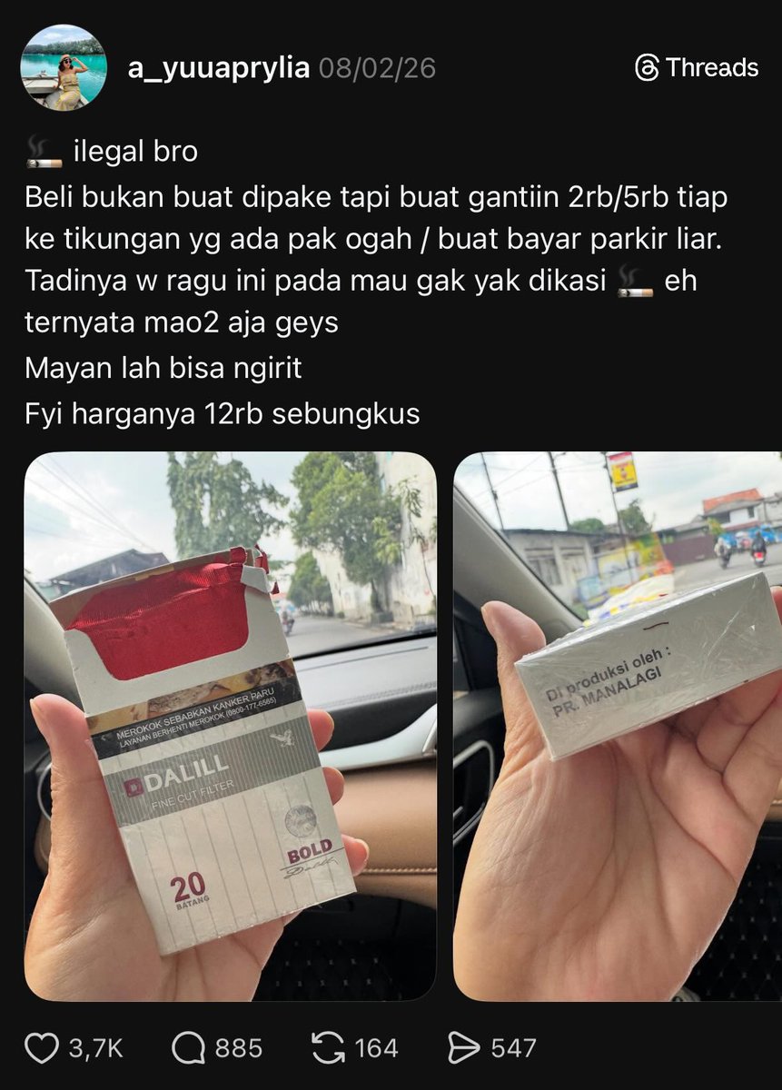 Life Hack.
((Jangan sampai Tukang Parkir dan Pak Ogah tau))

Rokok Rp12.000/20 batang= Rp600

Parkir Mobil: Rp4000
Rokok 2 btg: 2x600=Rp1200

Ngirit banyak gaessssss