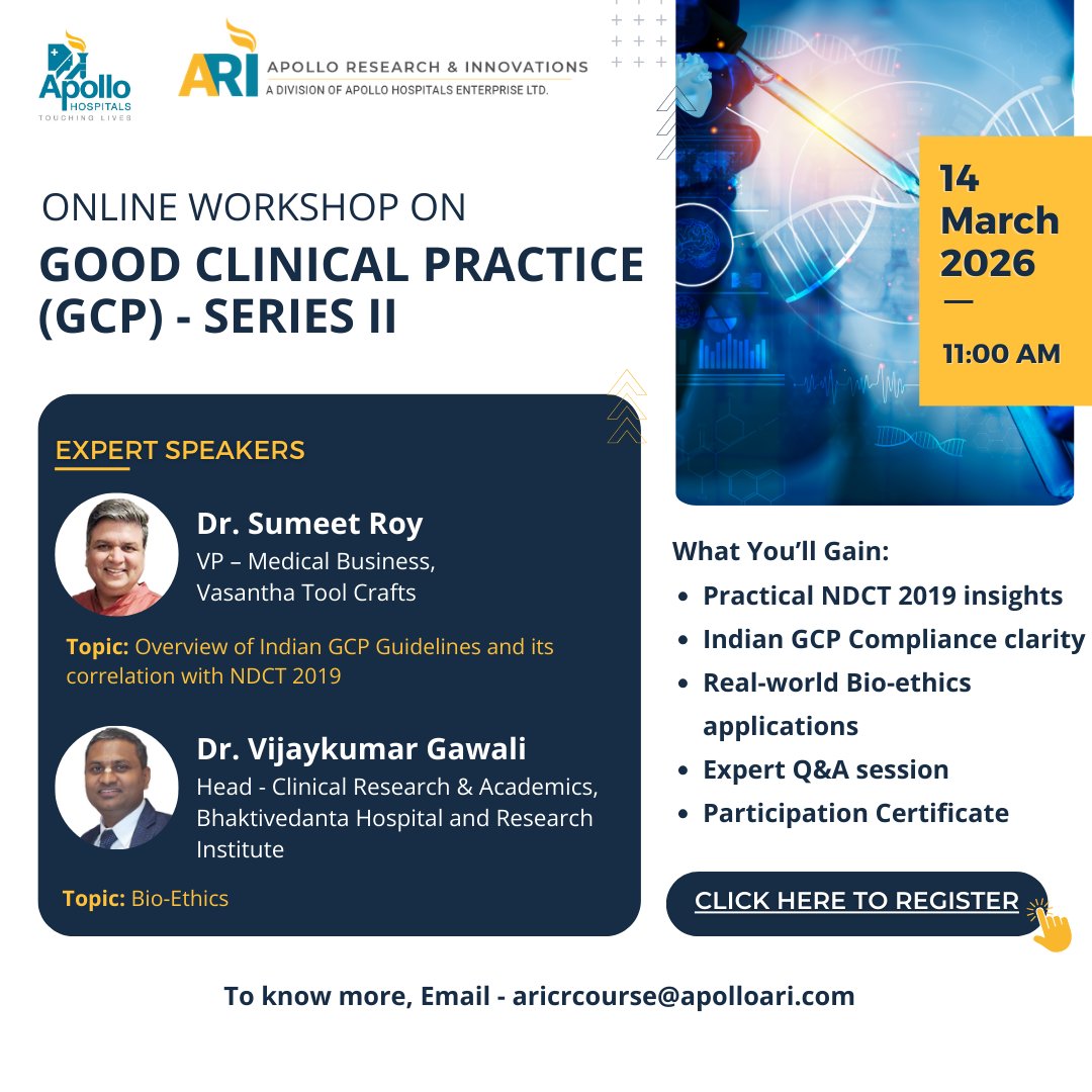 If you’re a clinician, ethics committee member, research professional, or life science graduate, join us for the Good Clinical Practice – Series II Webinar on 14 March from 11:00 AM

🎓 Participation Certificate Included

Register Now at rzp.io/rzp/eynX72BJ

#gcp #apolloari