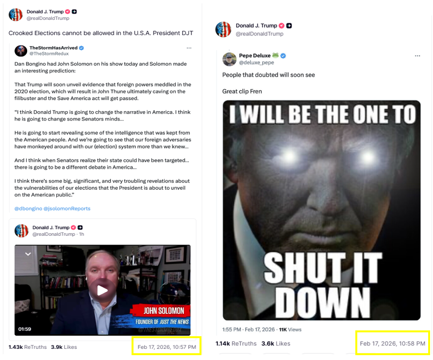 Great way to wrap up Feb "17th"

With back to back Anon tweets being pulled over to Truth Social and Truthed by DJT.

Congrats on the Q+'s

<a href="/TheStormRedux/">TheStormHasArrived</a> <a href="/deluxe_pepe/">Pepe Deluxe 🐸</a>