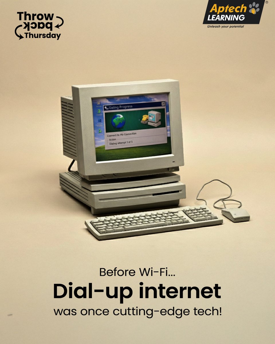 Aptech_Learning's tweet photo. That robotic screech. Waiting minutes just to "connect." And no one could use the landline while you were online.​
Today? We stream, code, build apps and run cloud systems in seconds.​
Did you use dial-up? Or are the Gen Wi-Fi? Comment below. ​
#AptechLearning #ThrowbackThursday https://t.co/G8jiYa5DFa