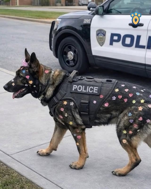 AcervoCharts's tweet photo. FOFURA! Cão policial é coberto com adesivos por crianças durante visita escolar nos Estados Unidos. https://t.co/95VoUx65dB