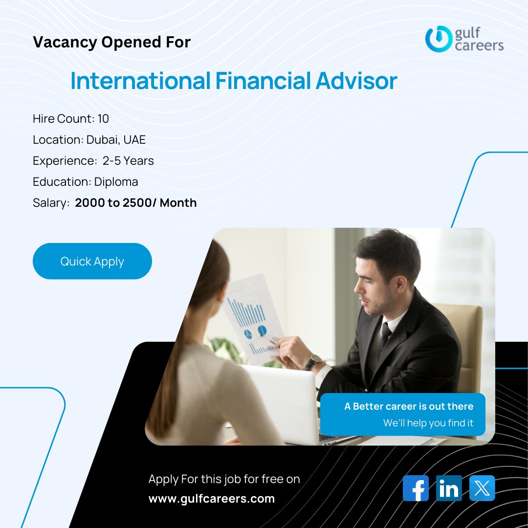 GulfcareersUae's tweet image. Position: International Financial Advisor

 ✅ Experience Required: 2–5 Years
 💰 Salary: 2,000 – 2,500 AED / Monthly
 🎓 Education Qualification: Diploma

gulfcareers.com/job/dubai-uae/…
#FinancialAdvisor #FinanceJobs #AdvisorJobs #UAEJobs