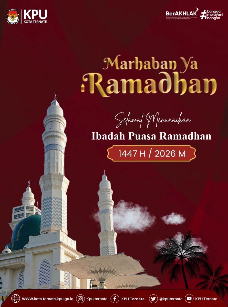 kputernate's tweet photo. #TemanPemilih, Komisi Pemilihan Umum Kota Ternate beserta jajaran Sekretariat, mengucapkan Selamat Menunaikan Ibadah Puasa Ramadhan 1447 H / 2026 M.

Semoga di bulan suci ini menjadi momentum untuk meningkatkan keimanan dan ketakwaan kita.

#KPUMelayani https://t.co/UltUHakzoW