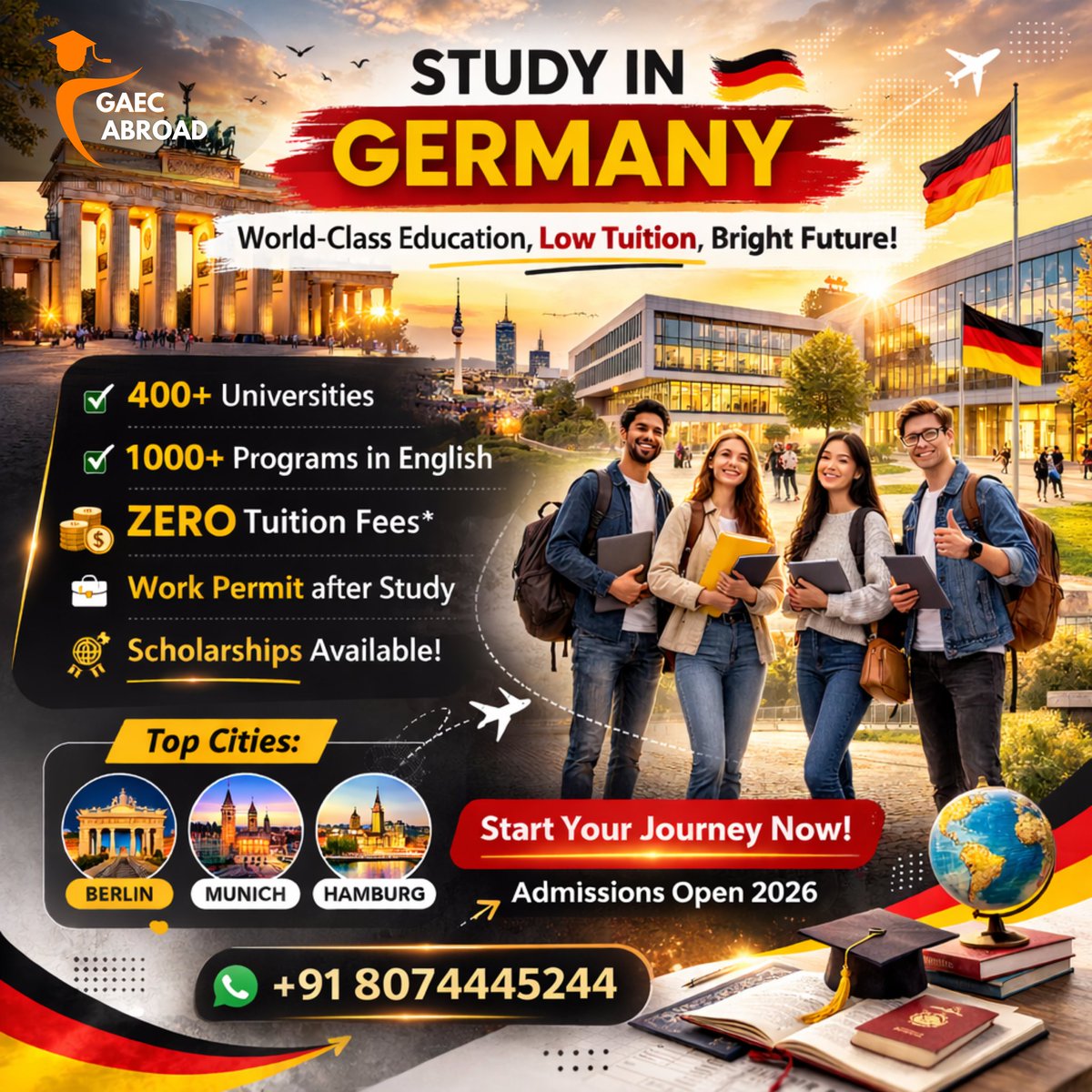 GAECABROAD's tweet photo. Dreaming of studying in Europe without heavy tuition fees? Germany offers world-class education, 400+ universities, and thousands of English-taught programs.
Zero tuition at most public universities. Strong job market. Post-study work opportunities.
If 2026 is your year, https://t.co/x3VUftygzk