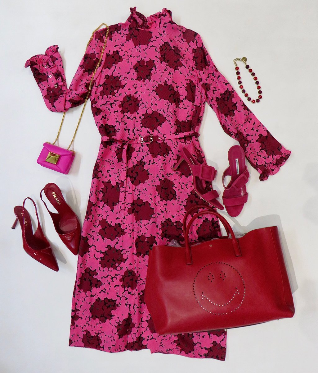 Always smiling when we have a #anyahindmarch bag in (red leather Ebury smiley tote, £350)  #KateSpade bubble dot high neck dress, £100, UK 12 ❤️ #Valentino pink one stud micro bag, £250 ❤️ #Prada red slingbacks, £400, EUR 41 ❤️ #ManoloBlahnik pink mules, £200, EUR 41.5 ❤️ #ootd