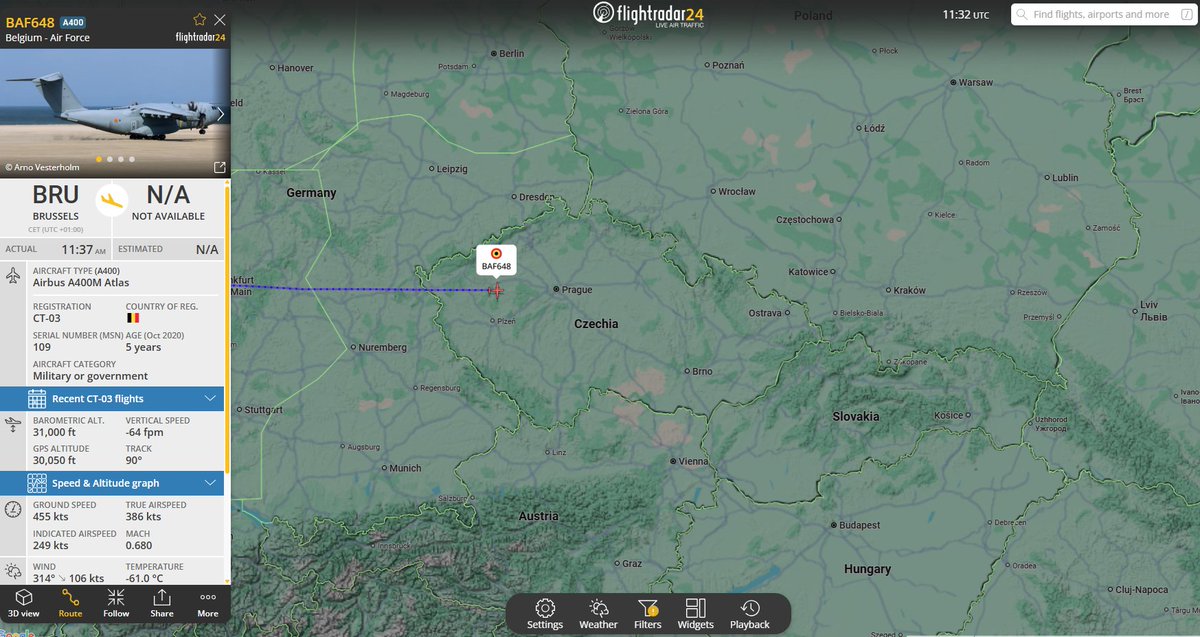 PolishMilRadar's tweet photo. 📅18.02🕒12:35LT -✈️🇧🇪Belgijski A400M do Rzeszowa
🇧🇪 Siły Powietrzne Belgii
✈️ Airbus A400M Atlas | REG: CT-03
🛫Port lotniczy Bruksela #EBBR | Belgia 🇧🇪
🛬Port lotniczy Rzeszów-Jasionka #EPRZ 🇵🇱
#BAF648 leci na wysokości FL310/9441 metrów.
🔗https://t.co/AjpotosZ6C
#POLMILRADAR