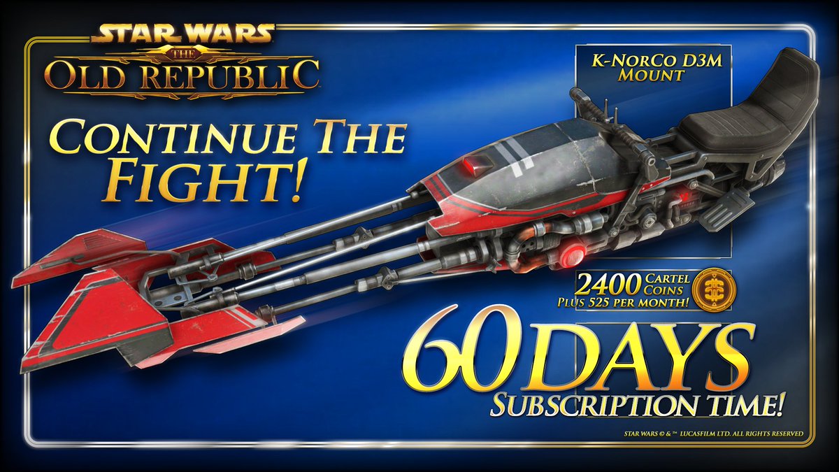 A new Fight Bundle has shadow dropped in #SWTOR!

🏮The bundle includes the demonically Sithy K-NorCO Mount with account wide unlock, 60 days of Subscription Time &amp; 3450 Cartel Coins!
See More todayintor.com/2026/02/01/swt…

#starwars #swtorfamily