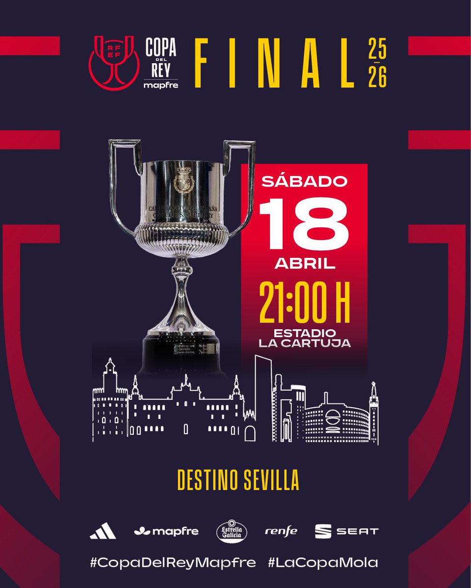🏆 تحديد موعد نهائي كأس الملك

📆 18 أبريل 
⏰ الساعة 10
🏟️ لا كارتوخا