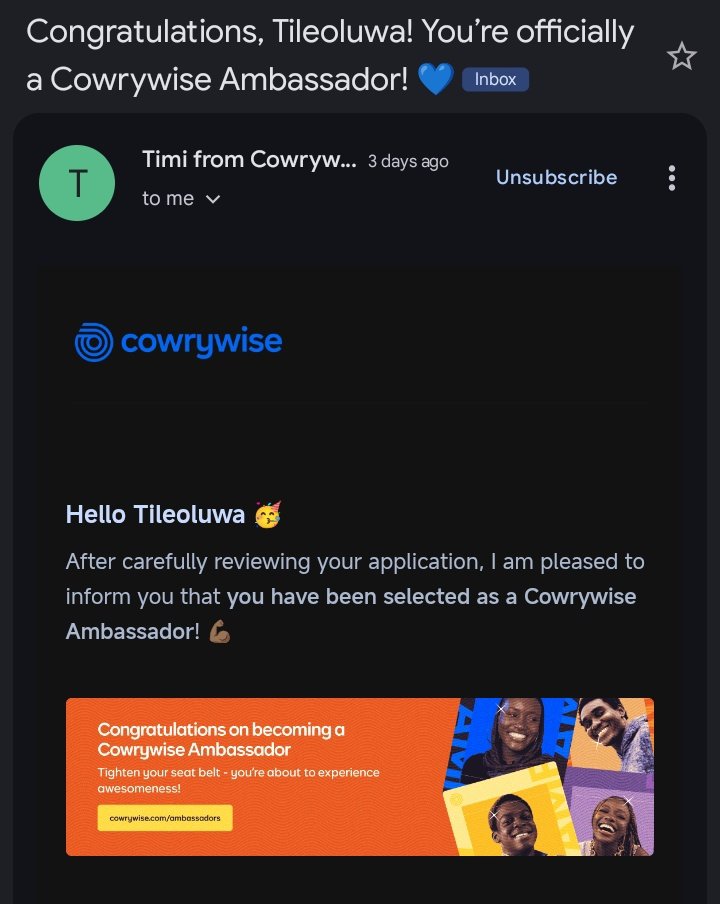 tileoluwanimi's tweet photo. Joined @cowrywise  as a Graduate Ambassador 

Definitely looking forward to this journey! https://t.co/SMoj6Pkcqq