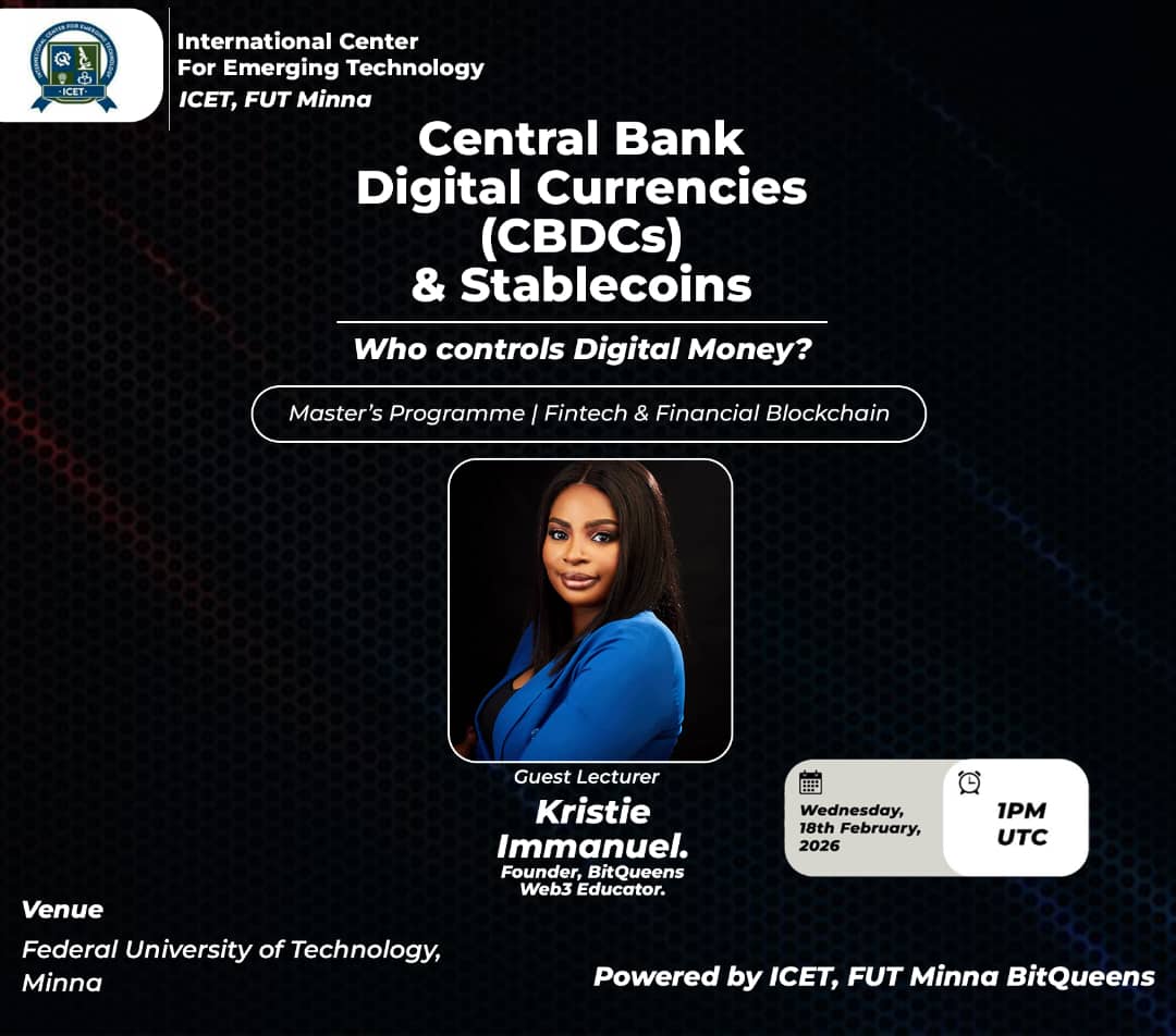 Kristybitqueens's tweet photo. Who controls digital money?

That's the question I'm exploring today as Guest Lecturer at ICET, FUT Minna's Master's in Fintech &amp; Fin. Blockchain.

CBDCs vs Stablecoins. Monetary sovereignty vs innovation.

The future of money in Africa is being decided now.

Thread coming soon. https://t.co/bC9OGAPZrE