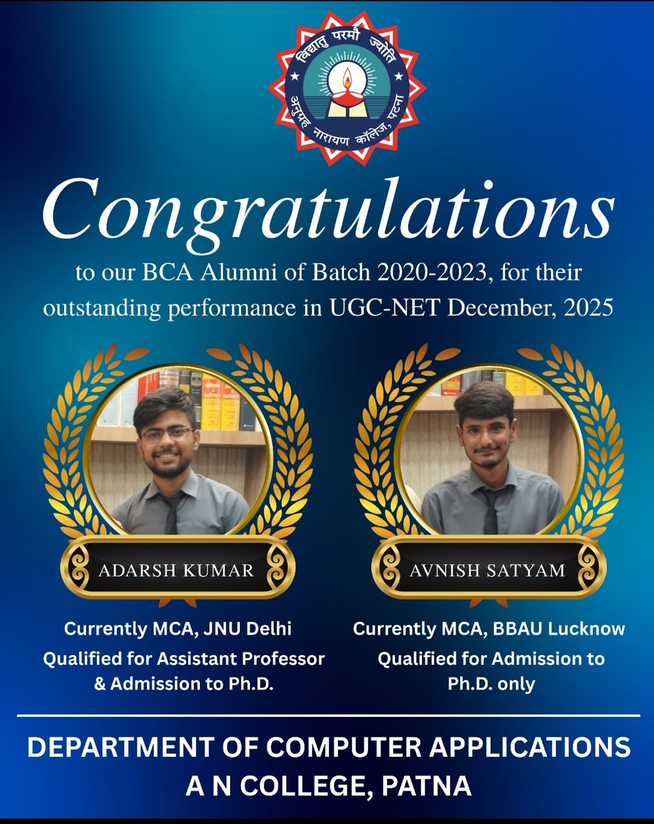BCA_ANC's tweet photo. Congratulations to our alumni of Batch 2020-2023 for their outstanding performance in the UGC NET December, 2025 exam. Our department is feeling pround on both of them and wishes for a bright future ahead.
#ugcnet #ancpatna https://t.co/s1v5sLCpYv