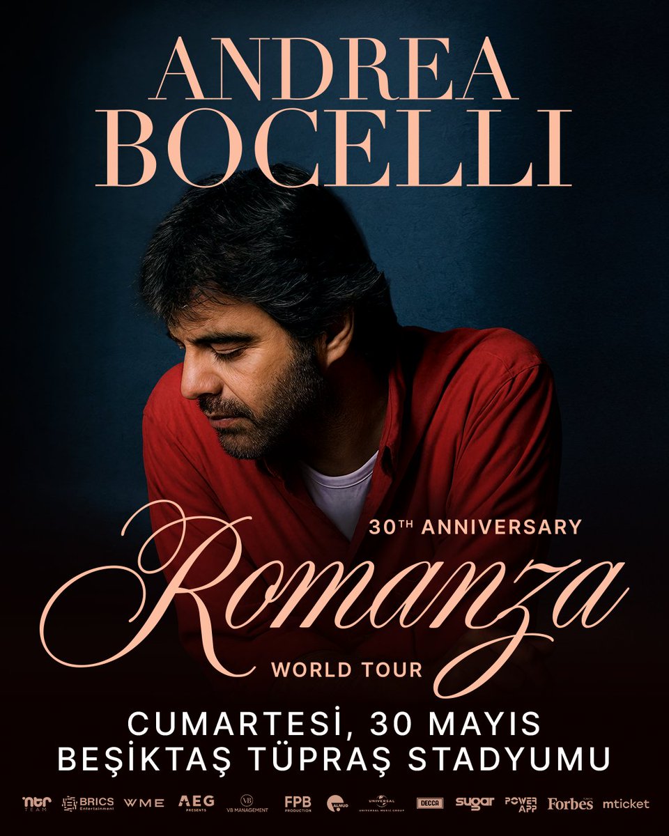 Tüpraş Stadyumu, 30 Mayıs 2026 gecesi dünya müziğinin yaşayan efsanesi Andrea Bocelli’yi ağırlayarak İstanbul’un kültür ve sanat hayatına unutulmaz bir gece kazandıracak.

Andrea Bocelli, 30. yıl dünya turnesi kapsamında sevilen eserlerini Tüpraş Stadyumu'nda seslendirecek.