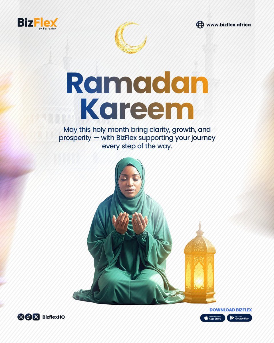 bizflexhq's tweet photo. Ramadan Kareem to our Muslim brothers and sisters 🌙✨
Wishing you a month filled with peace, purpose, and prosperity. May this season of reflection inspire growth in every area of your life.
#ramadanquotes #ramadanpost #bizflexafrica https://t.co/q14FNTyJrd