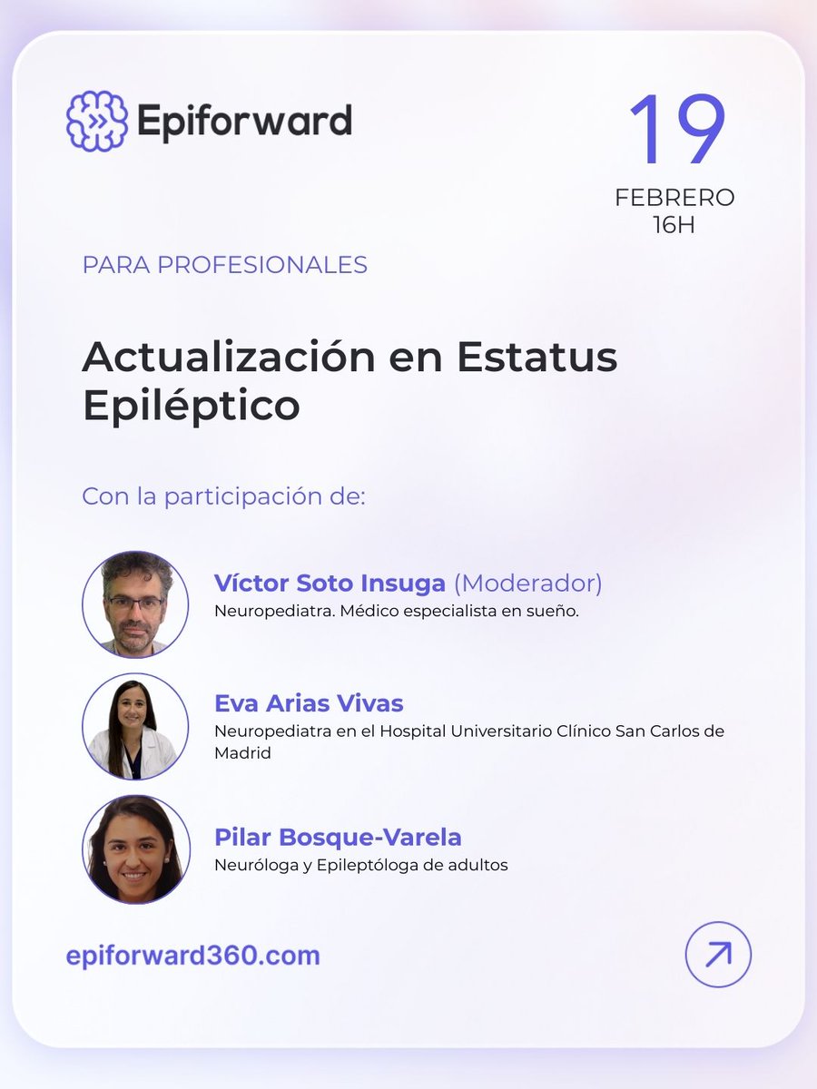 fedeepilepsia's tweet photo. 📅 19 feb | 🕓 16:00 h
Actualización en estatus epiléptico en #Epiforward. Revisión de diagnóstico, EEG y tratamiento con expertos en neuropediatría y epileptología.
Modera Víctor Soto Insuga, con Eva Arias Vivas y Pilar Bosque-Varela.
👉 https://t.co/8oDH1m0JuM
#Epilepsia https://t.co/b3B55ch3Ut