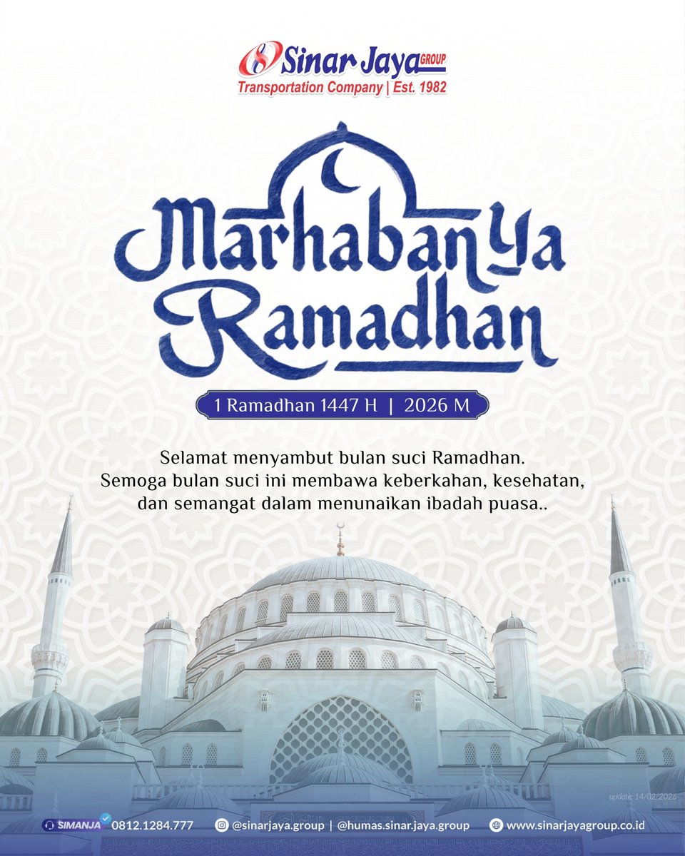 Marhaban ya Ramadhan~ 🕌🌘✨
Segenap Direksi, Staff &amp; Crew Bus Sinar Jaya Group mengucapkan selamat menyambut bulan suci Ramadhan 1447 H..
Semoga bulan suci ini membawa keberkahan, kesehatan, dan semangat dalam menunaikan ibadah puasa  🙏🏻