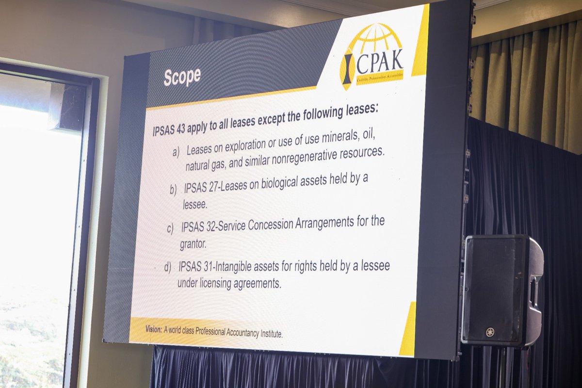 ICPAK_Kenya's tweet photo. "Leasing is treated as a financing mechanism because it allows entities to use assets without upfront cash outlays, helping manage budgetary constraints and cash flows."
FCPA Stephen Obock
Partner, @KPMGEastAfrica.
@PSASBKe @KeTreasury #IPSASAccrualWorkshop ^CA https://t.co/WcmrFUAW9i