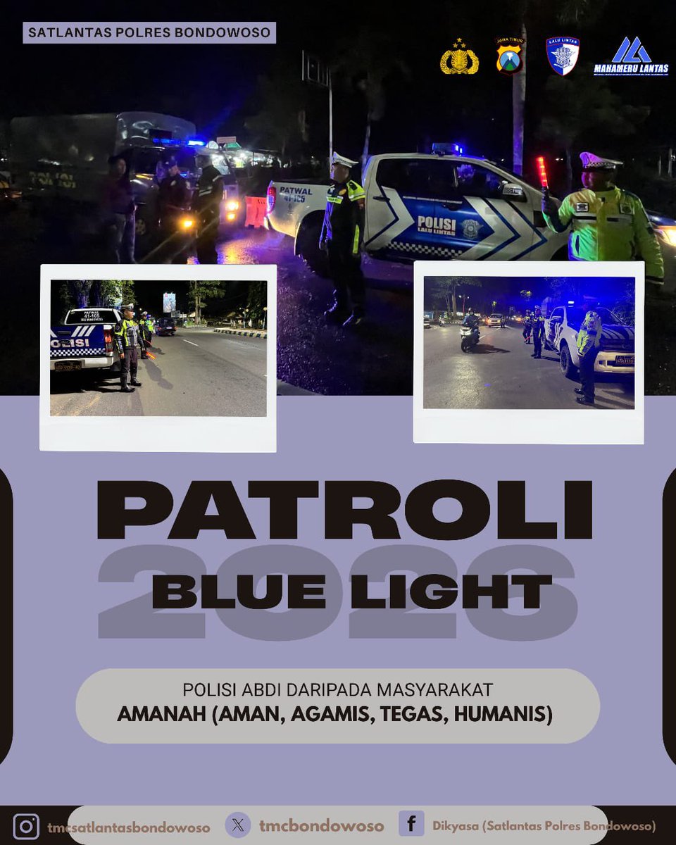 Anggota Satlantas Polres Bondowoso melaksanakan Patroli blue light antisipasi balap liar dan rawan 3c guna kondusifitas kamseltibcar lantas di wilayah hukum Polres Bondowoso
#polisi #ditlantaspoldajatim 
#humaspoldajatim 
#poldajatim 
#bondowoso