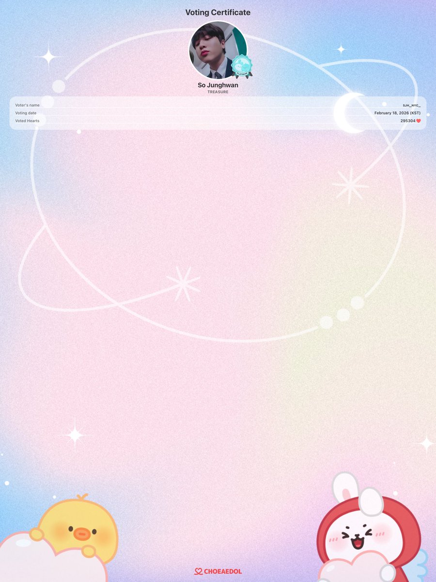 Voting completed today💝
Let's CHOEAEDOL together!

#CHOEAEDOL #So Junghwan_TREASURE #VotingProof
myloveidol.com/community/?ido…