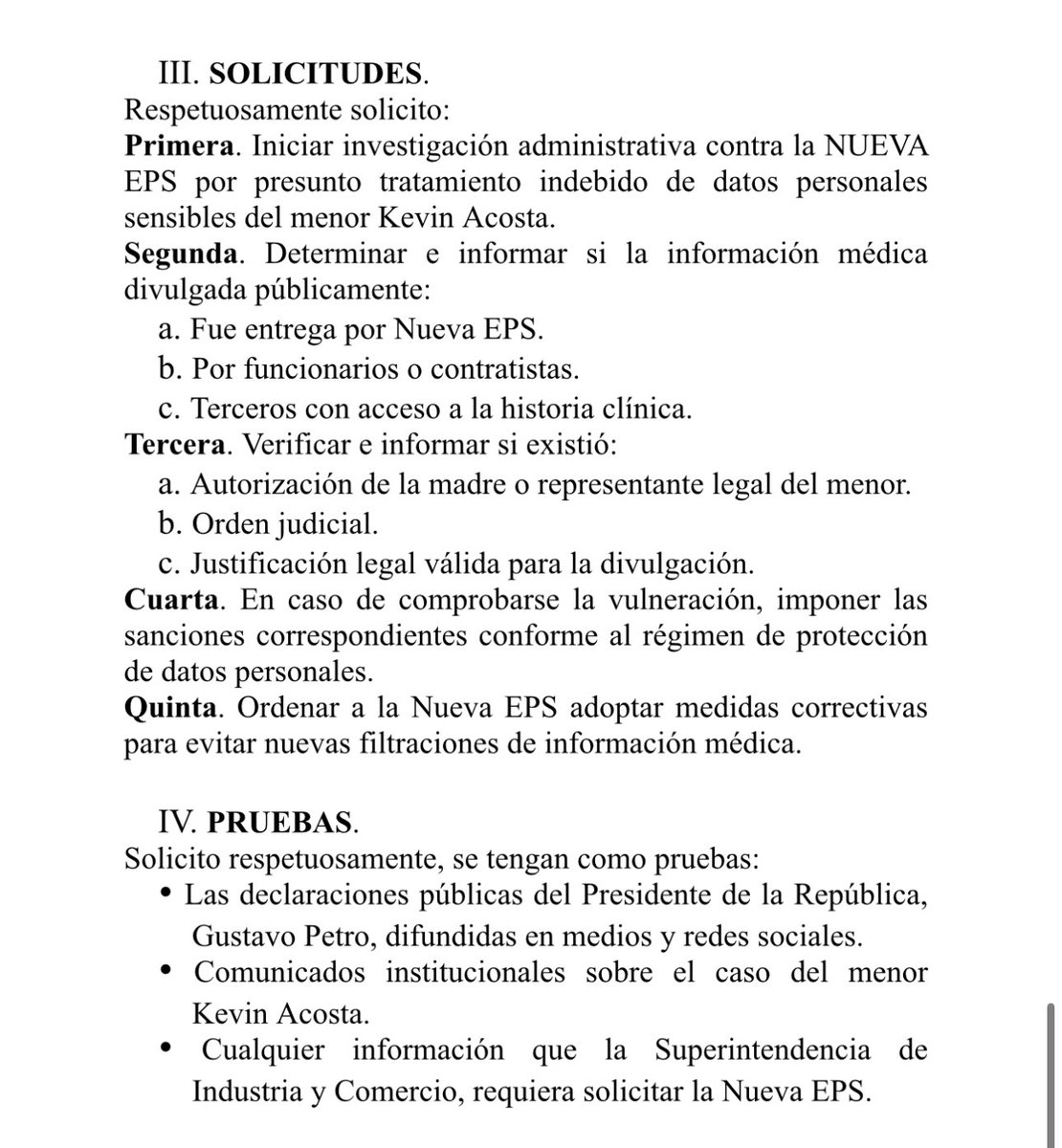 Ante la <a href="/sicsuper/">Superintendencia de Industria y Comercio 🇨🇴</a> denuncié a la Nueva EPS por haberle entregado parte de la historia clínica del niño Kevin al presidente Gustavo Petro

La historia clínica es reservada y Petro no debía tener información sensible.

Ojalá la señora Cielo Rusinque de resultados y no tape.