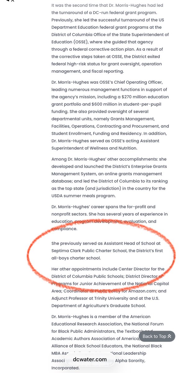 The Chair of <a href="/dcwater/">DC Water</a> board isn’t an engineer, or city planner

Dr. Unique N. Morris-Hughes is a DEI bureaucrat, non profit “educator”, grant disperser of taxpayer money, &amp; former asst head of a boys charter school

She’s now head of the largest raw sewage spill in US history