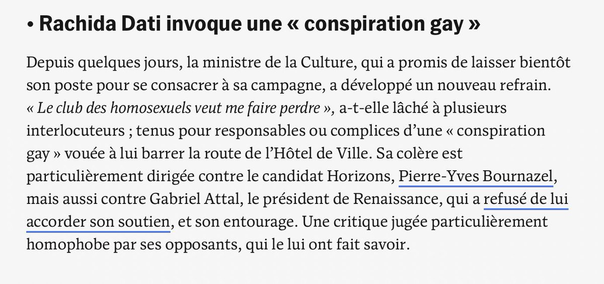 « Le club des homosexuels veut me faire perdre. »

Pardon ? 

Mme Dati, avez-vous complètement perdu la tête ? 

Votre homophobie est inacceptable. 

Dégoût.