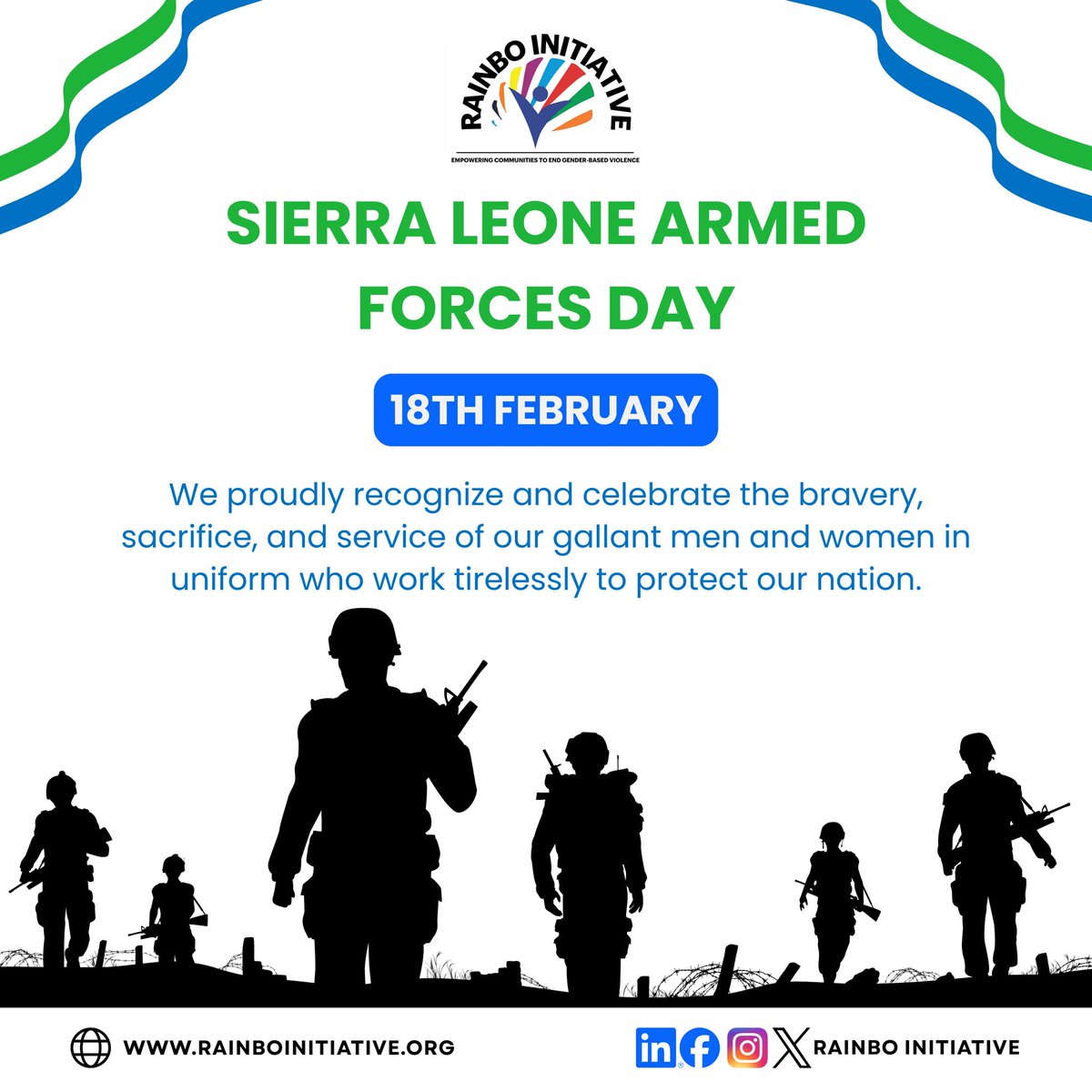 RainboInitiativ's tweet photo. On #ArmedForcesDay, we honour the bravery and sacrifice of our men and women in uniform. Rainbo Initiative reaffirms its commitment to preventing SGBV, supporting survivors, and promoting safety and dignity for all. 🇸🇱
Toll-free: 599 https://t.co/2l4K983XC6