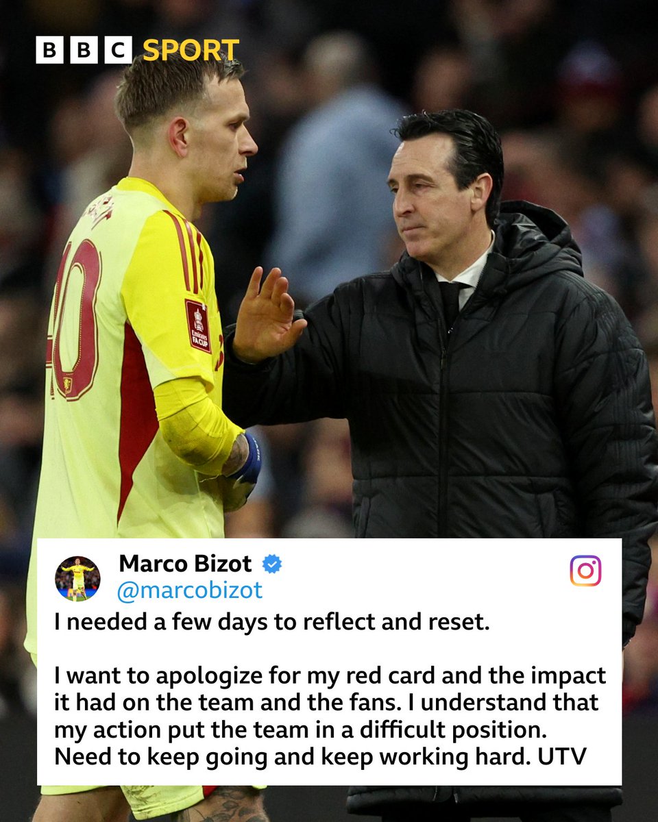 🗣️ Marco Bizot has apologised following his red card in Aston Villa’s FA Cup loss to Newcastle. 

Villa were leading 1-0 when the keeper was sent off for a challenge on Jacob Murphy, a decision that proved costly as Newcastle came from behind to win 3-1 and knock Villa out of the