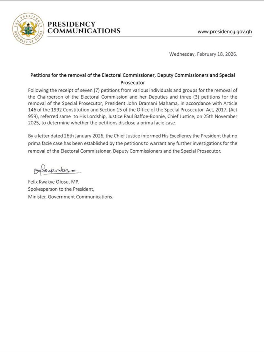 deejayaggreyGh's tweet photo. Chief Justice makes no prima facie determination on petitions against EC Chair, Deputies amd Special Prosecutor. https://t.co/YFcCVb36Hi