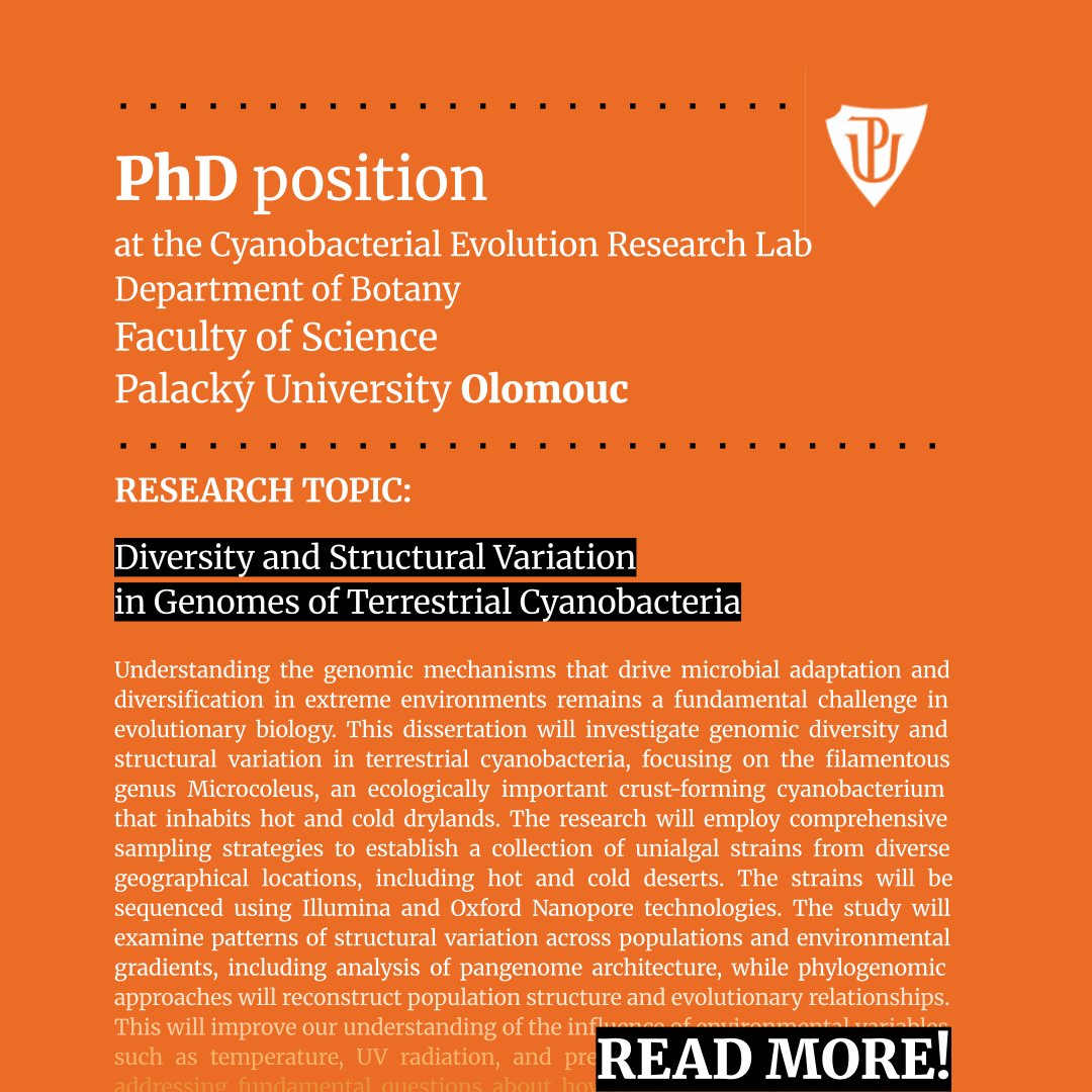 researchjobs_cz's tweet photo. #PhD position available at Faculty of #Science, Palacký University #Olomouc @prfupol: #Diversity and #StructuralVariation in #Genomes of Terrestrial #Cyanobacteria
Read more: https://t.co/caHWnaVLoy
#PhDjobs #microbiology #cellBiology #biology https://t.co/4cbY1tElb0
