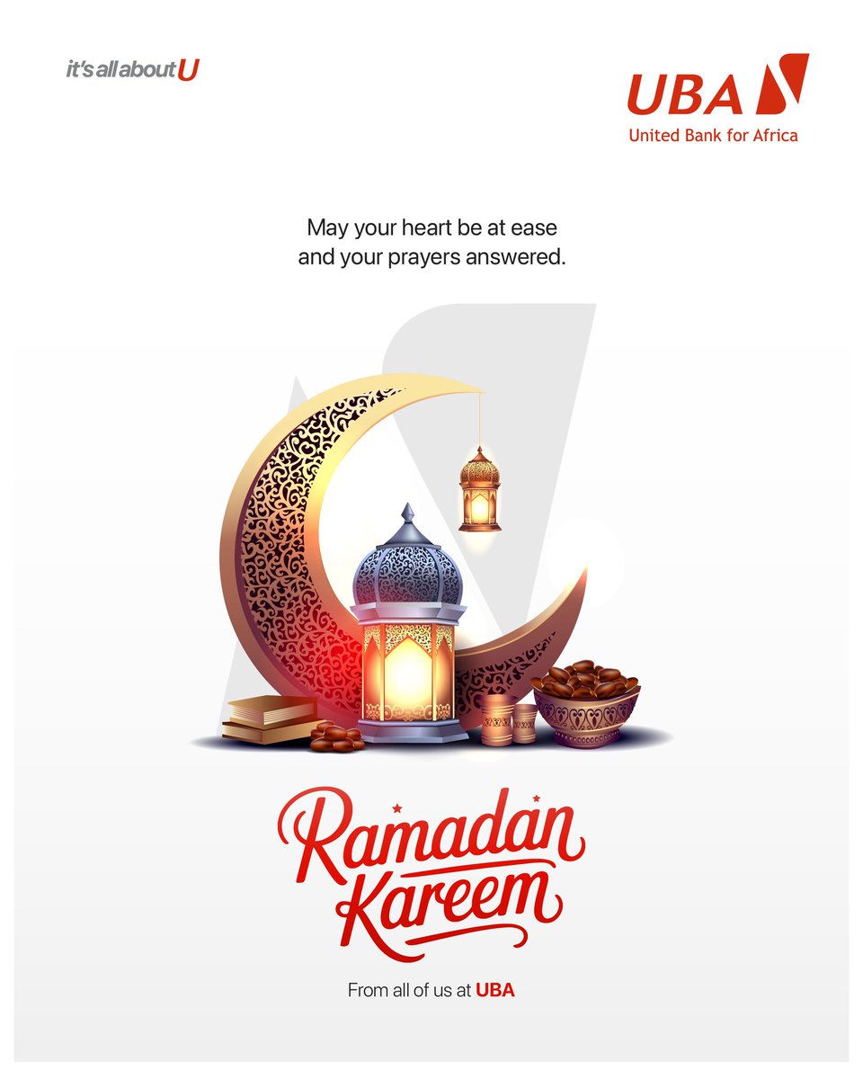 UBAGroup's tweet photo. As the holy month begins, we wish you peace in your heart, strength in your faith, and blessings in abundance.
May this Ramadan bring clarity, compassion, and answered prayers to you and your loved ones.
Ramadan Kareem.
#ItsAllAboutYou #AfricasGlobalBank https://t.co/PbEtsTzZ6F