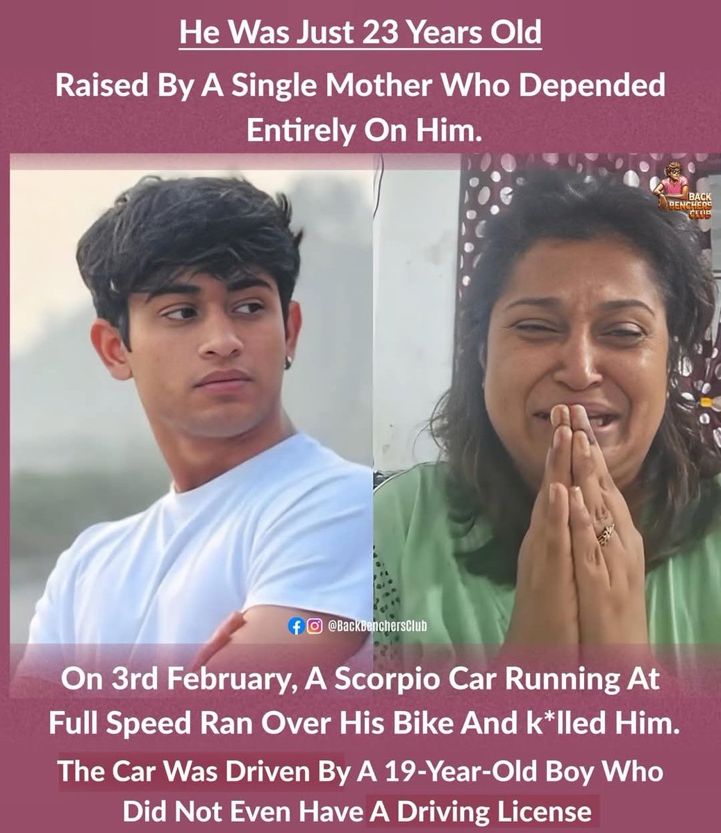 Probasibangali's tweet photo. 23 years old. Raised by a single mother who depended entirely on him. On 3rd February, his life was brutally cut short. A Scorpio car, allegedly driven by a 19-year-old boy who did not even have a driving license.
As a parent I can feel the pain. https://t.co/Vo1WM2MXyK