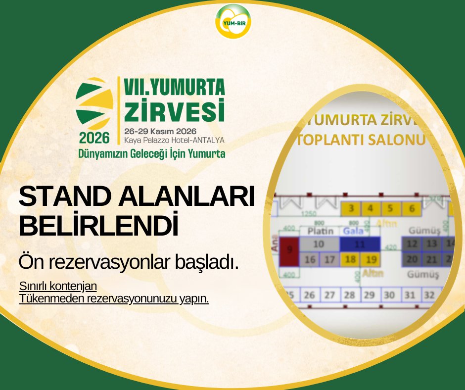 VII. Yumurta Zirvesi stand alanları belirlendi. 🥚
Zirvede yer almak isteyen katılımcılar için ön rezervasyon süreci başladı.

Kontenjanlar dolmadan stand alanınızı ayırtmayı unutmayın.

#yumbir #yumurtazirvesi2026 #yumurtazirvesi #yumurtadünyası #GeleceğimizYumurta