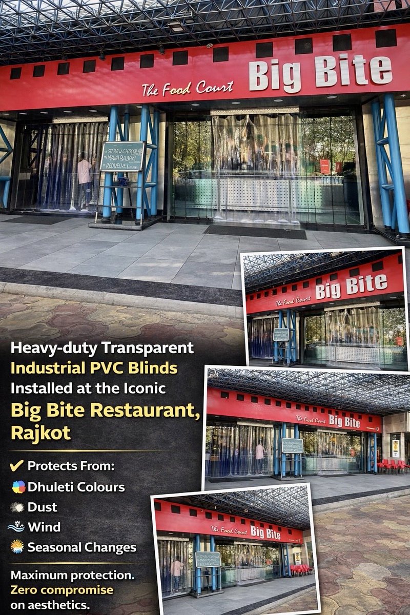AkashInteriors's tweet image. Industrial PVC blinds safeguard the entrance from Dhuleti colours, dust, wind, and seasonal changes, while maintaining the open, welcoming look of the food court.

Zero compromise on aesthetics.

#IndustrialBlinds
#PVCStripCurtains
#CommercialSolutions
#AllSeasonProtection