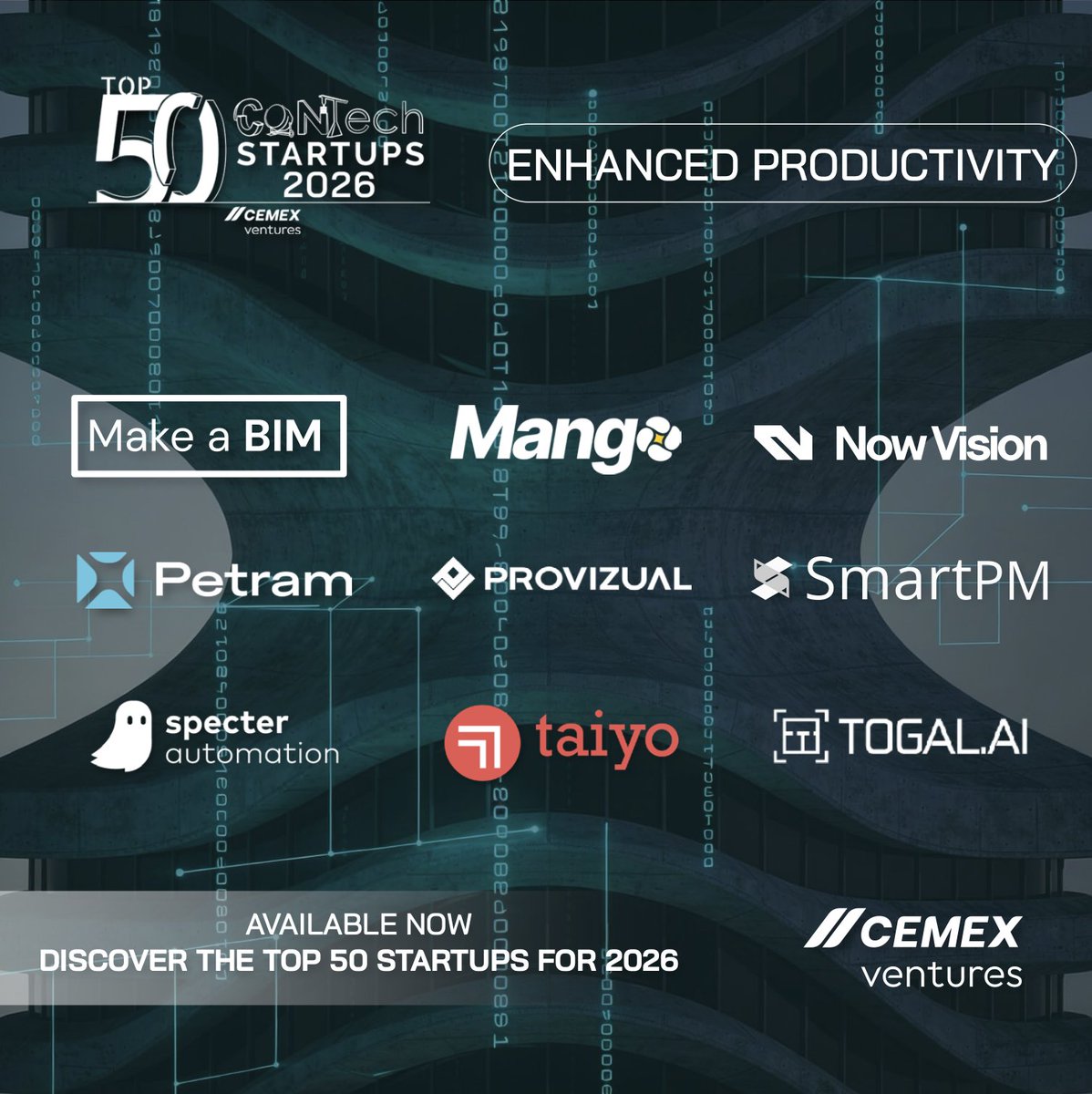 CemexVentures's tweet image. ⚙️ #EnhancedProductivity is where #ConTech scales.

In 2025, productivity startups captured 64% of total ConTech capital, driven by necessity:

Cost inflation.
Labor shortages.
Schedule overruns.
Execution risk.

This is productivity as infrastructure.

🔗 cemexventures.com/TOP-50