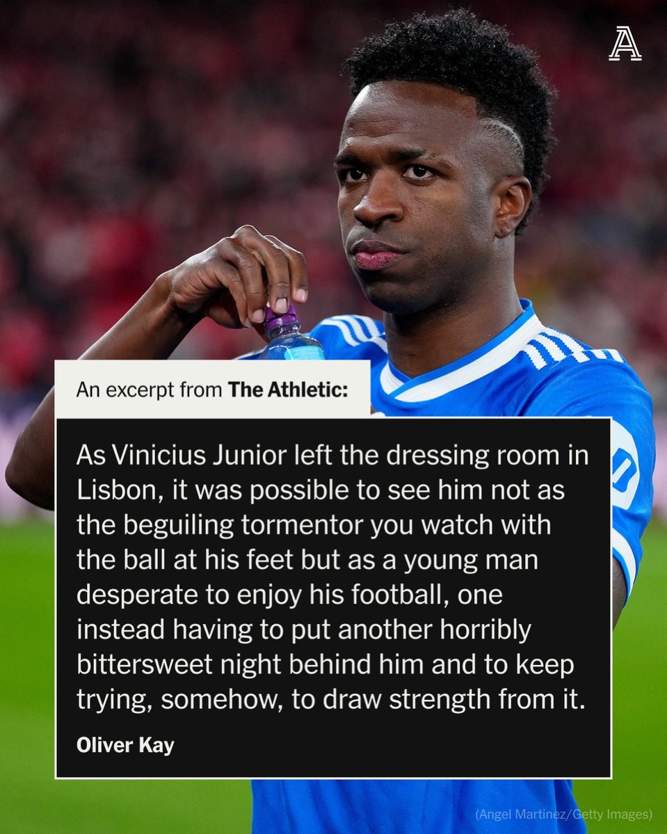 I was in Lisbon last night for Benfica vs Real Madrid,  illuminated by a moment of brilliance from Vinicius Jnr and completely overshadowed by what happened after that.

Vinicius Jnr believes he was racially abused by the opponent who wouldn't talk to him without putting his