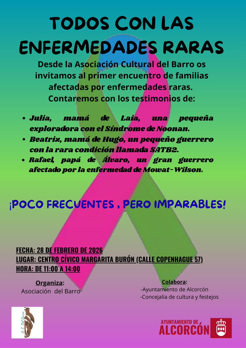 📎 Desde la Asociación Cultural del Barro os invitamos al primer encuentro de familias afectadas por enfermedades raras. 

👥 Nos vemos el próximo día 28 de febrero.
📍 Centro Cívico Margarita Burón.
📆 28.02.2026
⏰ de 11:00 a 14:00 horas