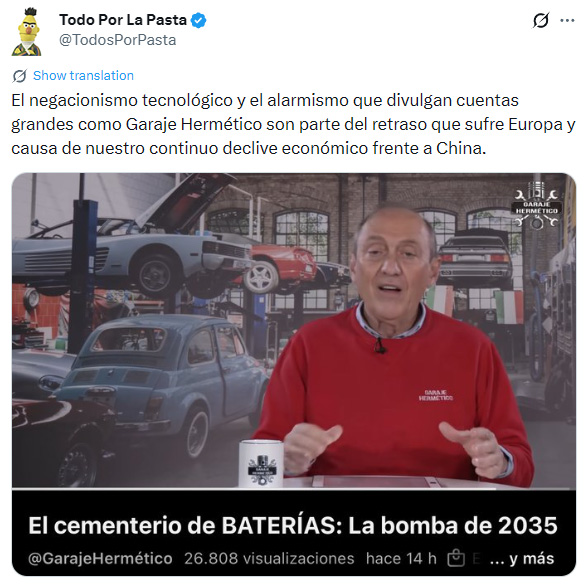 payarcos's tweet photo. Que dice mi amigo Blas que la culpa del declive económico de Europa frente a China la tiene Garaje Hermético, @LaVerdadDeTesla y todas esas cuentas que difunden fake news.
Si me escucharais más a mi y no a esas cuentas ahora mismo viajaríamos en coches eléctricos que vuelan! https://t.co/2CXtaCs6gk