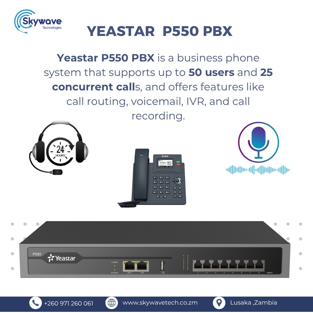 SkywaveTech's tweet photo. Upgrade your business communications with the Yeastar P550 PBX 📞

✔ Supports up to 50 users
✔ 25 concurrent calls
✔ Call Routing, IVR, Voicemail &amp; Recording
Improve customer service, cut costs &amp; scale with ease.

Call +260 971 260 061 | sales@skywavetech.co.zm https://t.co/Pz0QDsOAQp