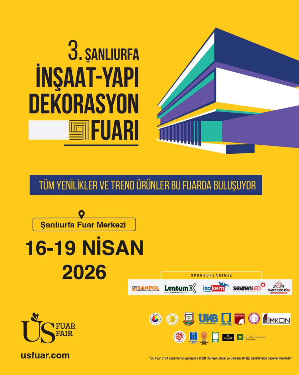 Şanlıurfa İnşaat Yapı Dekorasyon Fuarı Başlıyor

Şanlıurfa Fuar Merkezi’nde düzenlenecek olan 3. Şanlıurfa İnşaat-Yapı Dekorasyon Fuarı, sektör profesyonellerini ve inşaat alanındaki yenilikleri yakından takip etmek isteyen ziyaretçileri bir araya getirmeye hazırlanıyor.

16–19