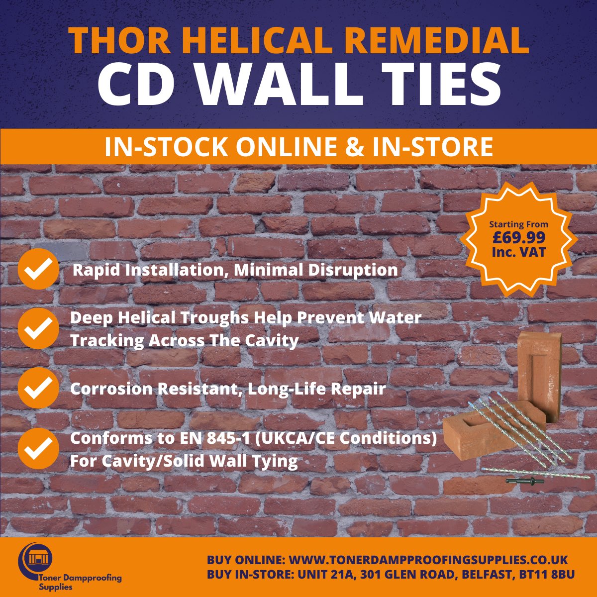Cavity wall tie failure or corroded ties? ✅

Thor Helical Remedial CD Wall Ties are a fast, professional retrofit wall tie replacement system, installed through small 6mm pilot holes and hammer-driven so the tie corkscrews into the masonry to create a reliable mechanical fix.