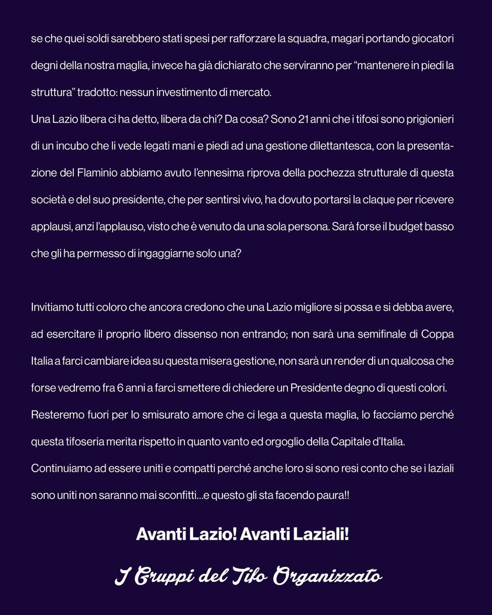 SpaceLazio's tweet photo. ‼️ Il comunicato dei Gruppi del tifo organizzato https://t.co/zObspODGy4