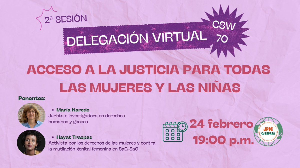 Congr_Jesu_SP's tweet photo. ⚖️ ¿Es real el acceso a la justicia para las mujeres?

Lo debatimos en la 2ª sesión de la Delegación Virtual para la #CSW70 con: 🎤 María Naredo 🎤 Hayat Traspas
🗓 24 de febrero 
🕖19:00h 
📍 Online
¡Regístrate y difunde! https://t.co/0MvAuoSR6D https://t.co/sHbpzrtL27