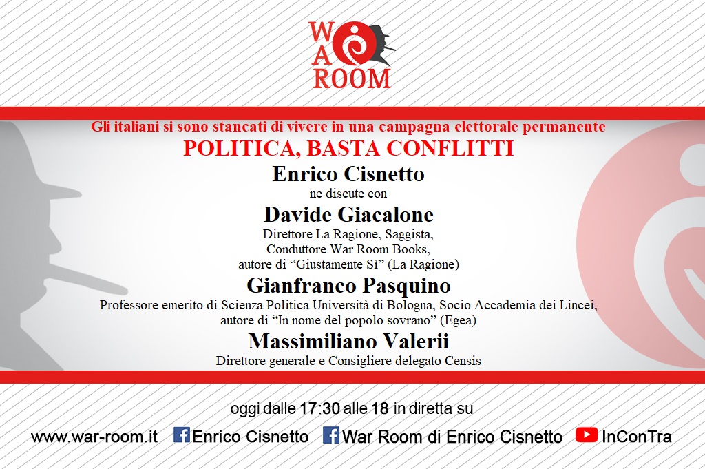 Gli italiani si sono stancati di vivere in una campagna elettorale permanente.POLITICA,BASTA CONFLITTI <a href="/ecisnetto/">Enrico Cisnetto</a> con <a href="/DavideGiac/">Davide Giacalone</a> Dir <a href="/LaRagione_eu/">La Ragione</a> Giustamente Sì, Prof <a href="/GP_ArieteRosso/">Gianfranco Pasquino</a> In nome del popolo sovrano <a href="/egeaonline/">Egea</a> e <a href="/MassiValerii/">Massimiliano Valerii</a> DG e Cons del <a href="/FonteCensis/">Censis</a>